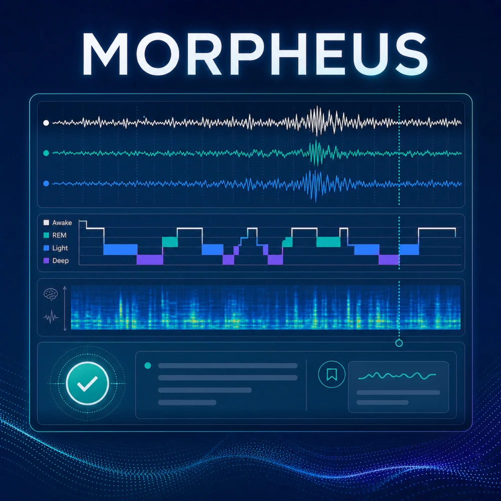 Ilustração de produto do Morpheus com sinais de sono, hipnograma e revisão supervisionada